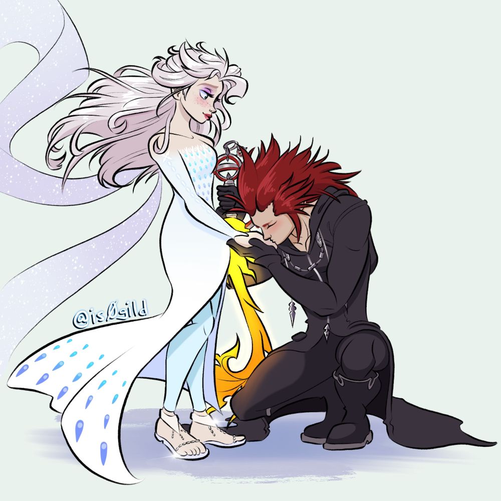 Elsa from Frozen and Axel from Kingdom Hearts. He’s kneeling before her with his keyblade in one hand, his other hand holding hers as he kisses the back of it. She is in her white Fifth Spirit dress from the end of Frozen 2 and he is in his black Organization XIII coat.