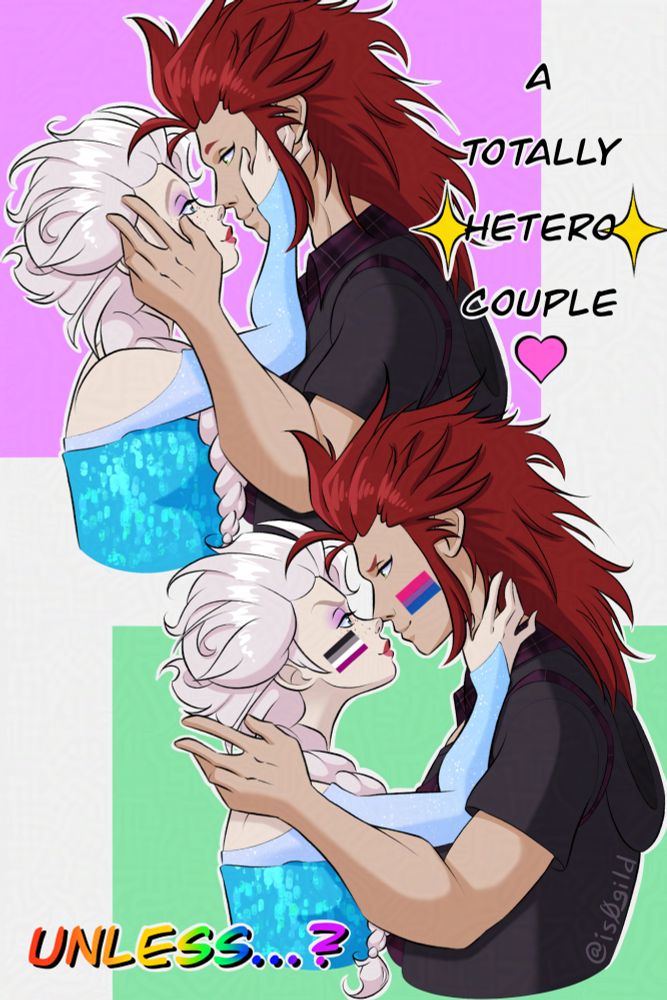 A two-panel comic starring Axel/Lea from Kingdom Hearts and Elsa from Frozen (as well as Kingdom Hearts!). The top panel has the two of them gazing into each others’ eyes and smiling all smitten, their hands cupping each others’ cheeks. Also in this panel is the black text “A totally hetero couple.” The word “hetero” has sparkles around it and after the word “couple” is a heart. The bottom panel has the rainbow colored text “Unless…?”. Their smiles have become more mischievous and they’ve lowered their hands to reveal Elsa has the ace flag painted on her cheek and Axel has the bi flag painted on his cheek.