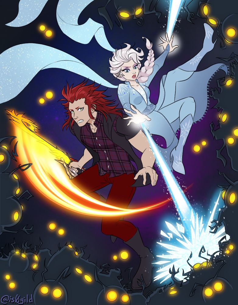 Elsa and Axel/Lea fighting back to back against a horde of Heartless surrounding them. Elsa is in her Frozen 2 travel clothes and is blasting off ice magic from both hands, Axel/Lea is in his KH3 epilogue outfit and swinging his keyblade with a trail of fire behind it.