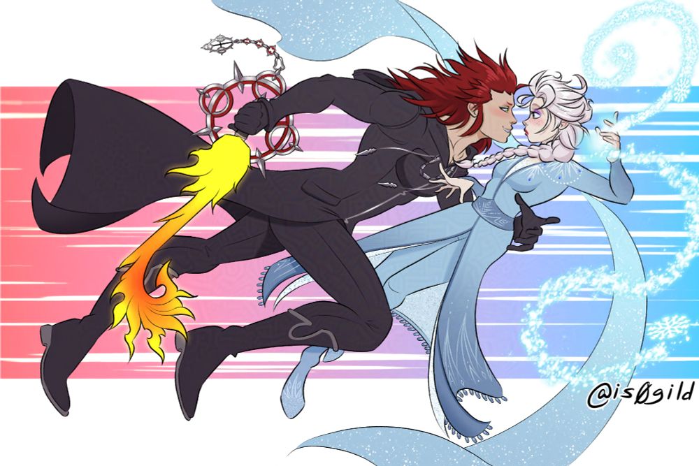 Elsa from Frozen and Axel/Lea from Kingdom Hearts. She’s wearing her blue travel outfit from Frozen 2. He’s wearing his black Organization XIII coat. He’s charging at her with a smirk as she leaps back looking surprised, they’re basically nose to nose. He has one arm looped around her middle with hand hovering at her waist, his other hand holding his fiery keyblade at his side. She has fingertips of one hand against his chest and her other hand drawn back with frost magic swirling from it. Background is anime speed lines.