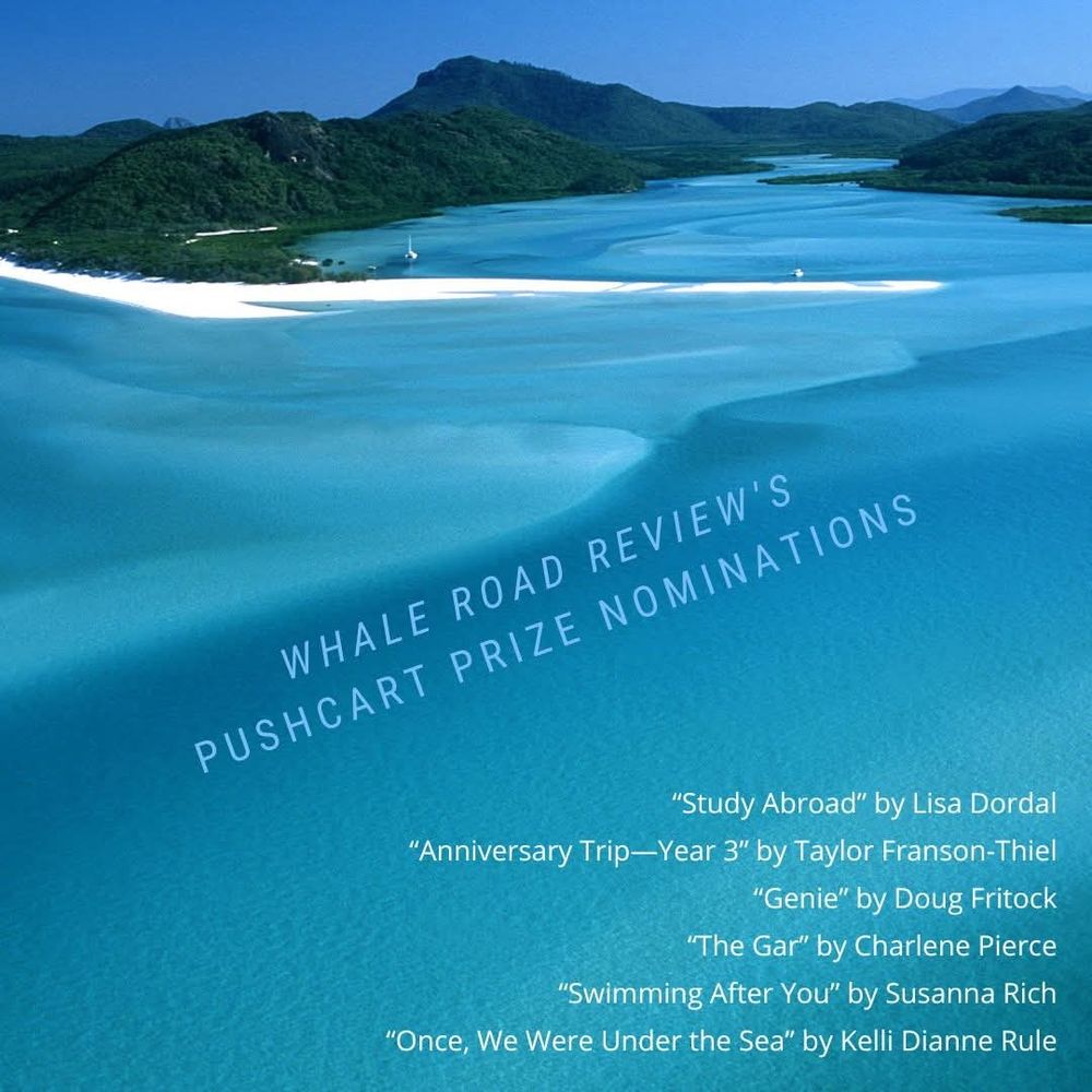 Whale Road Review's Pushcart Prize nominations
Once, We Were Under the Sea by Kelli Dianne Rule
Swimming After You by Susanna Rich
The Gar by Charlene Pierce
Study Abroad by Lisa Dordal
Genie by Doug Fritock
Anniversary Trip—Year 3 by Taylor Franson-Thiel