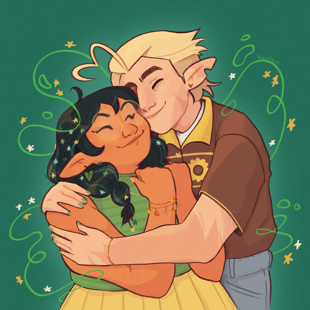 Hunter and Willow hugging contently, small flowers surrounding them