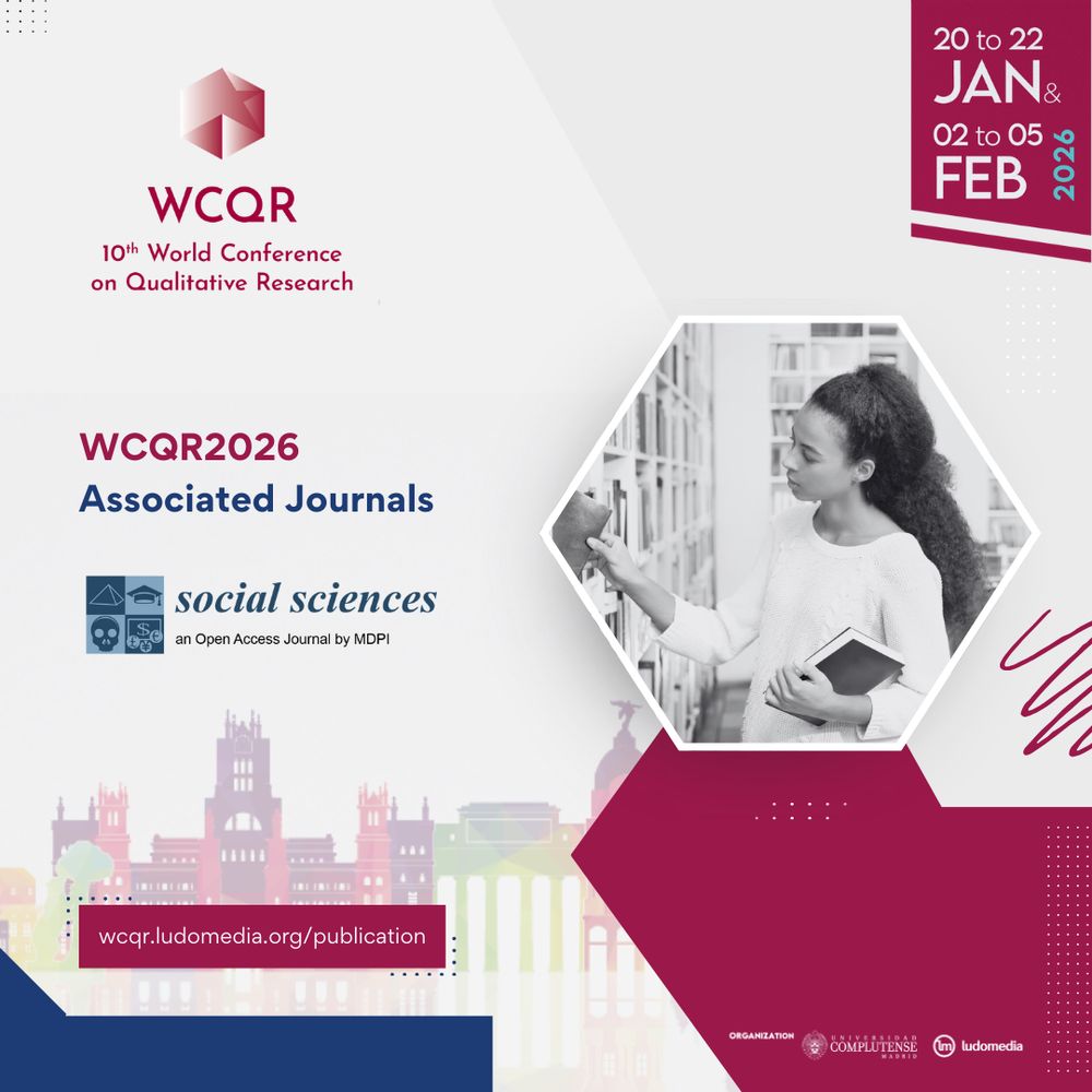 Promotional graphic for the WCQR 2026 – 10th World Conference on Qualitative Research. It includes the event dates (20–22 January and 02–05 February 2026), the logo of the conference, and a section announcing the associated journal Social Sciences (MDPI). On the right, a black-and-white photo shows a woman browsing books in a library while holding a notebook. At the bottom, there is an illustrated cityscape and the link wcqr.ludomedia.org/publication.

