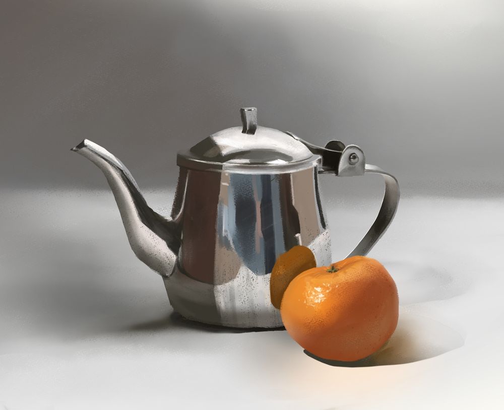 A digital painting that features a shiny, silver-coloured diner teapot and a small orange in an ambient warm-grey space. 