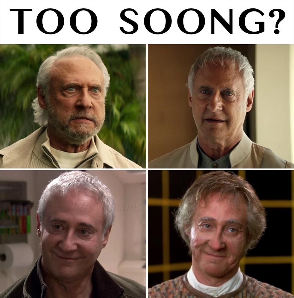 Grid of four Star Trek characters in the Soong family, all played by Brent Spiner. Top left: Adam Soong. Top right: Alton Soong. Bottom left: Arik Soong. Bottom right: Noonien Soong. Top text: TOO SOONG?