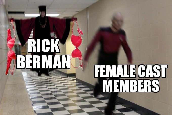 curated meme by unknown author, the Floating Boy Chasing Running Boy template but its the Star Trek edit where running boy is Picard and floating boy is Q but also the floating Q is labeled "Rick Berman" and is holding two pink bras, while the running Picard is labeled "female cast members"