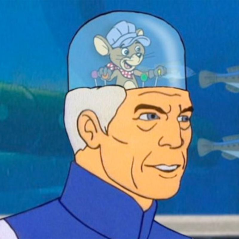 Captain Murphy of Sealab. His head is a glass dome with a mouse inside pulling levers, with white hair coming out underneath