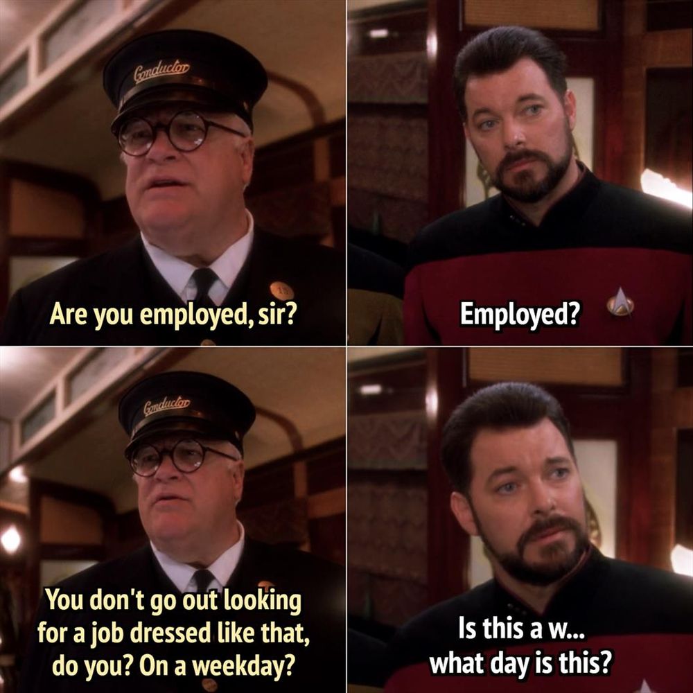 original meme in four panels, featuring the conductor in TNG "Emergence" played by David Huddleston (The Big Lebowski); first panel, the conductor asks: Are you employed, sir? second panel, Riker is wearing his Starfleet command red uniform and is a bit taken aback: Employed? third panel, the conductor continues: You don't go out looking for a job dressed like that do you? On a weekday? fourth panel, Riker is confused now: Is this a w... what day is this?