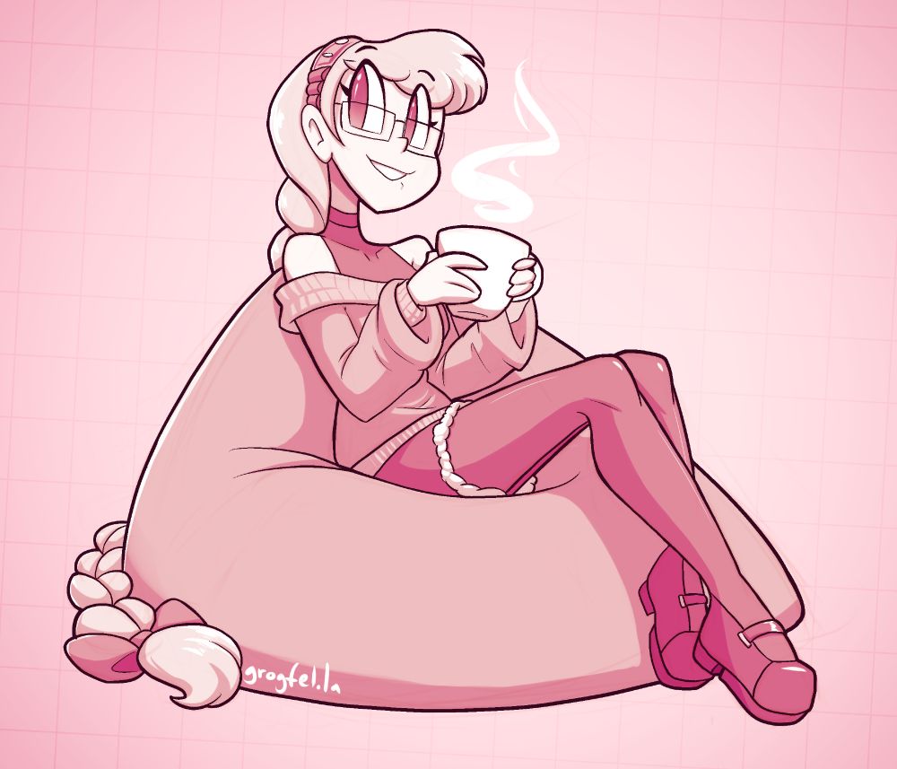 My original character Perpsicory sitting on a beanbag chair with a cup in her hands