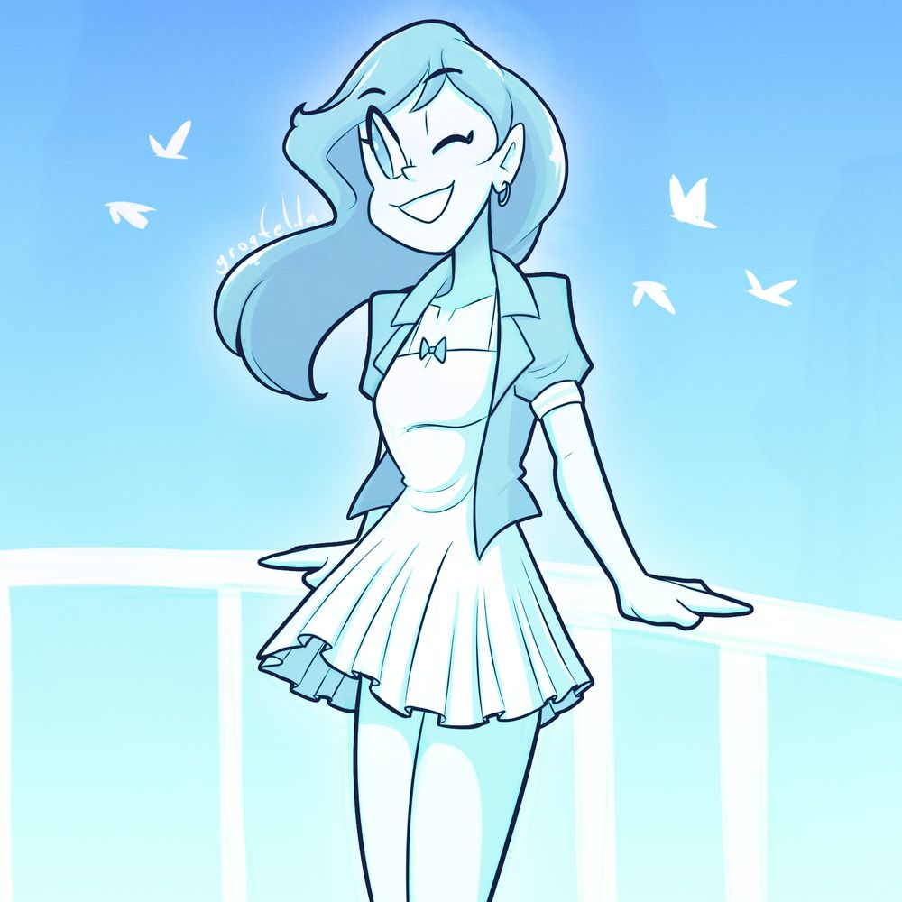 A drawing of a woman leaning up against a railing, her hair and her dress blowing in the wind as birds fly behind her