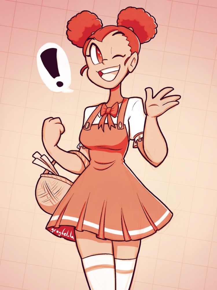 A drawing of a woman wearing a pinafore and carrying a picnic basket