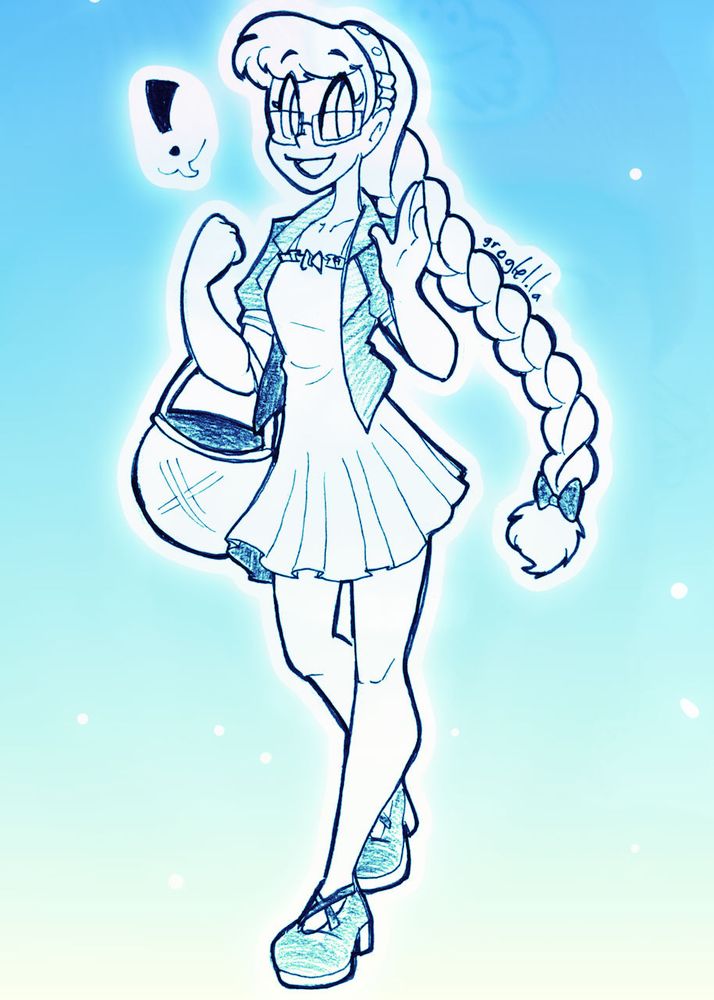 My original character Perpsicory holding a basket in one arm and waving with the other