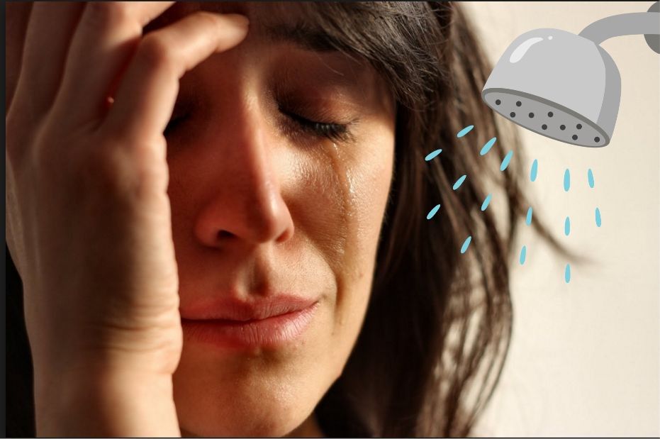 Woman crying meme with an added cartoon shower head