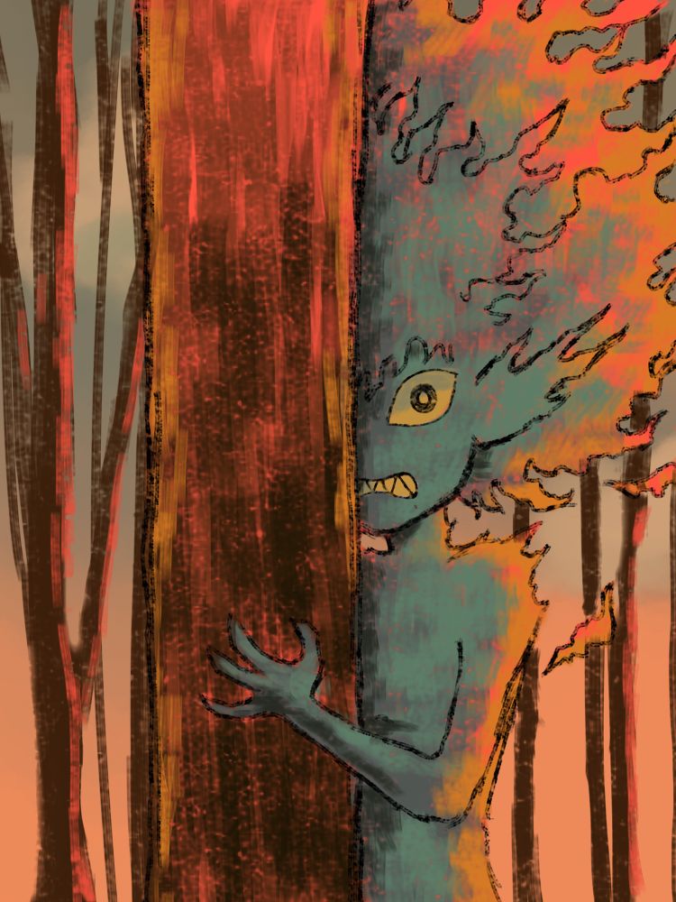 A drawing of a fire demon named Dovu, standing within a forest of dead trees. It’s early winter in this image and no significant snow fall has happened just yet. Dovu looks terrified at what they potentially are looking at, peeking from just behind one of the larger trunks. The drawing is in a folk art -like style. 
