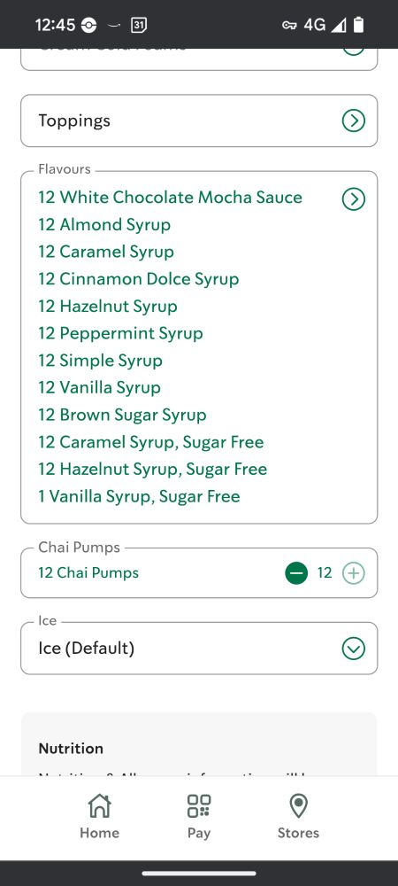 The Starbucks drink customisation screen. I have added 12 pumps of every syrup except vanilla (which has 1 pump)