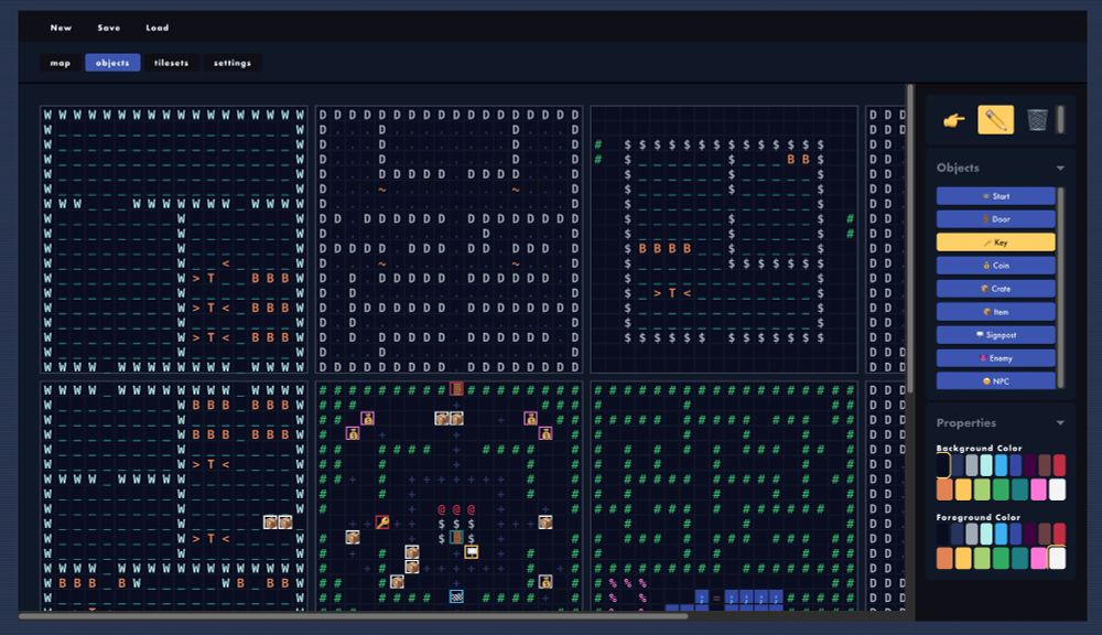 A text based game map editor with 6 grids of letters representing 6 different screens. Different letters represent different tile types (walls, floor, water etc). On the right is a settings column showing different objects that can be added (keys, doors, crates etc) and colour settings for the objects.