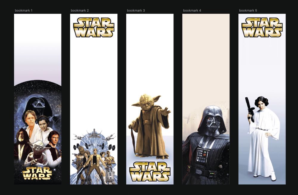 A collection of 5 bookmark images featuring characters and scenes from Star Wars. The first is from a new hope, then a star wars comic cover, then three bookmarks featuring one each of Yoda, Darth Vader, and Princess Leia