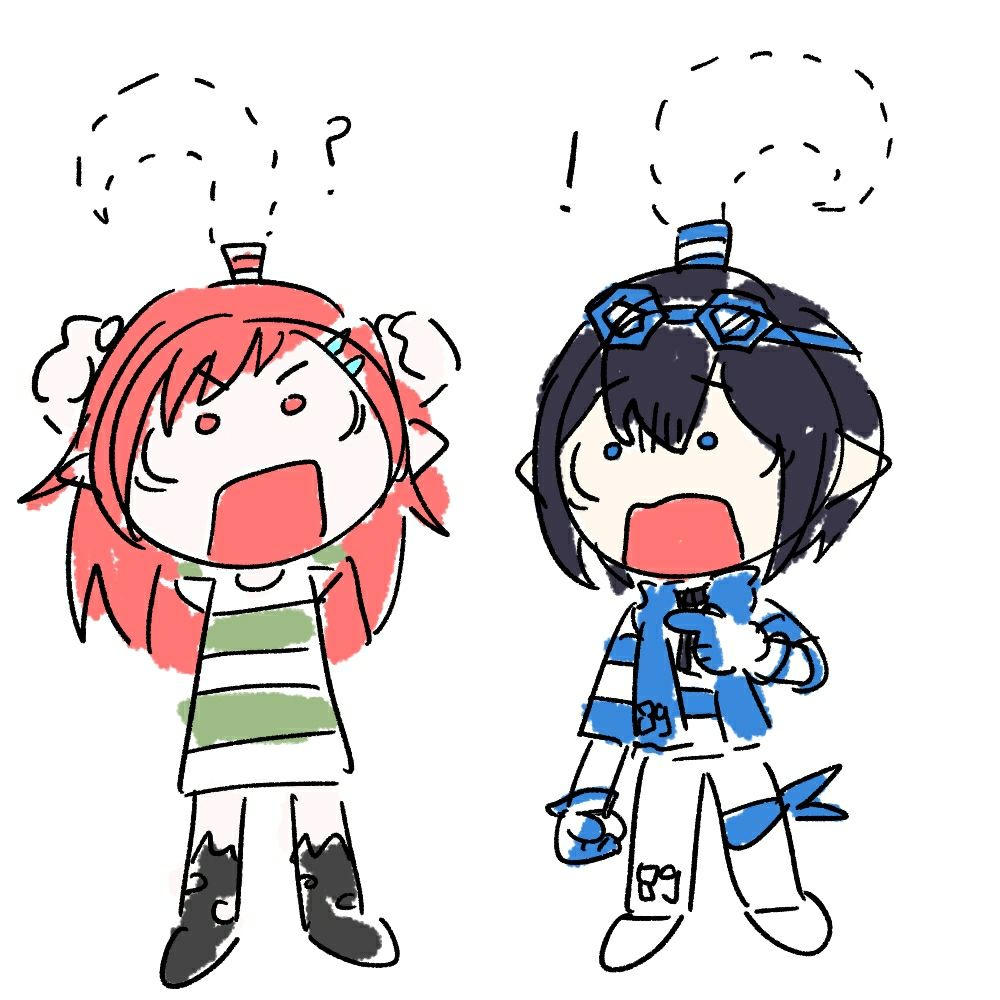 에이남매의 머리 위쪽에서 항상 존재감을 뽐내는 바보털이 없어졌다! 에이비는 그 사실에 놀라 자신의 머리 윗부분을 만져보려고 하고 있다. 에이미는 에이비의 옆에서 에이비를 가리키며 놀라고 있다.