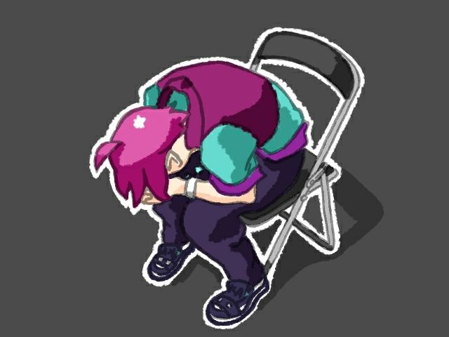 에반게리온의 이카리 신지가 의자에 앉아 고개를 숙이고 있다. 노력했지만 그때마다 좋은 결과가 나오지않고 원하는 이에게 인정받지 못하는 절망적인 상황을 겪게되는 둘이 닮았다고 생각했다.  그래서 그러한 장면을 시도겐으로 트레이싱했다. 배경은 검정이다.