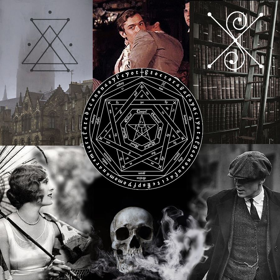 A moodboard containing three images of people in 1920s clothing, a skull emitting smoke, a library, an Edinburgh row house, and two occult sigils 