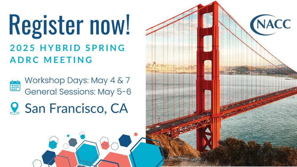 Register now!
2025 Hybrid Spring ADRC Meeting

Workshop Days: May 4 & 7
General Sessions: May 5-6

San Francisco, CA

Image description:
White background with blue text and picture of the Golden Gate Bridge on the right of the image. Orange, blue, and grey hexagons across bottom.