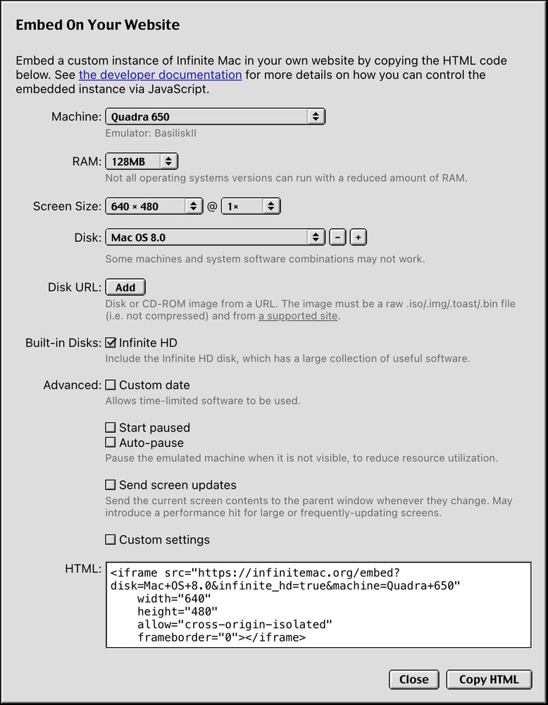 Infinite Mac embedding dialog, allowing parameters of a instance to be customized and the resulting HTML to be copied. It uses the Platinum appearance from Mac OS 8.