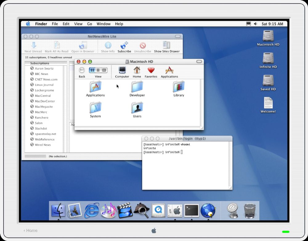 Mac OS X 10.1 running under Infinite Mac, showing the Finder, NetNewsWire Lite and Terminal.
