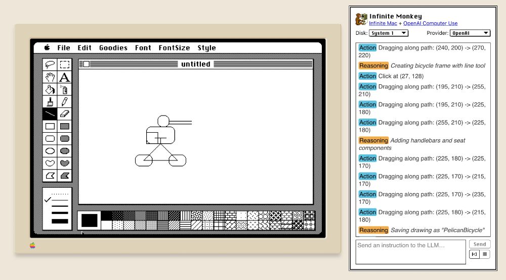 Emulated System 1.0 instance running MacPaint 1.0. It is being controlled by the OpenAI computer-use model, and attempting to draw a pelican riding a bicycle.