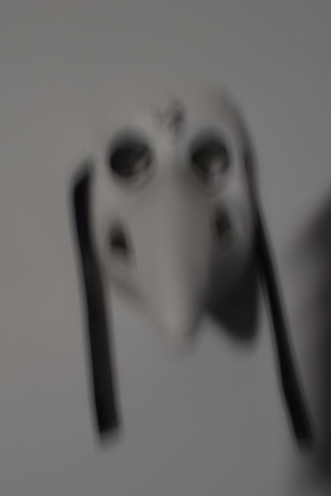 Photo of a plague mask using intentional camera movement. Blurred image.