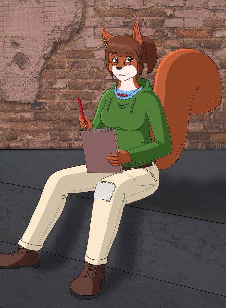 Digital illustration of an anthropomorphic red squirrel, Niki, seated on a concrete ledge with a brick wall in a state of disrepair behind her. She's looking slightly off-camera, and is holding a sketchpad and pencil.