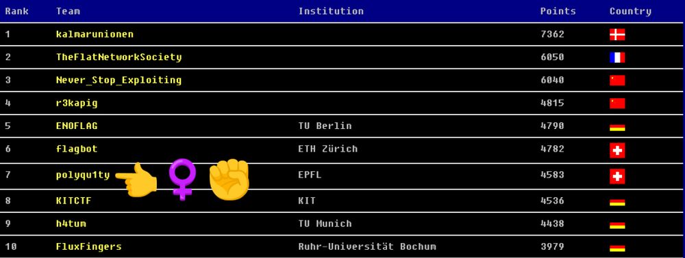 The final CyberSecurityRumble scoreboard, with polyqu1ty at the seventh place
