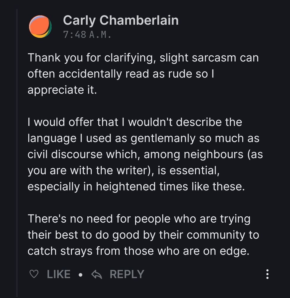 A screenshot of my very polite response to a sarcastic commenter on a substack.
