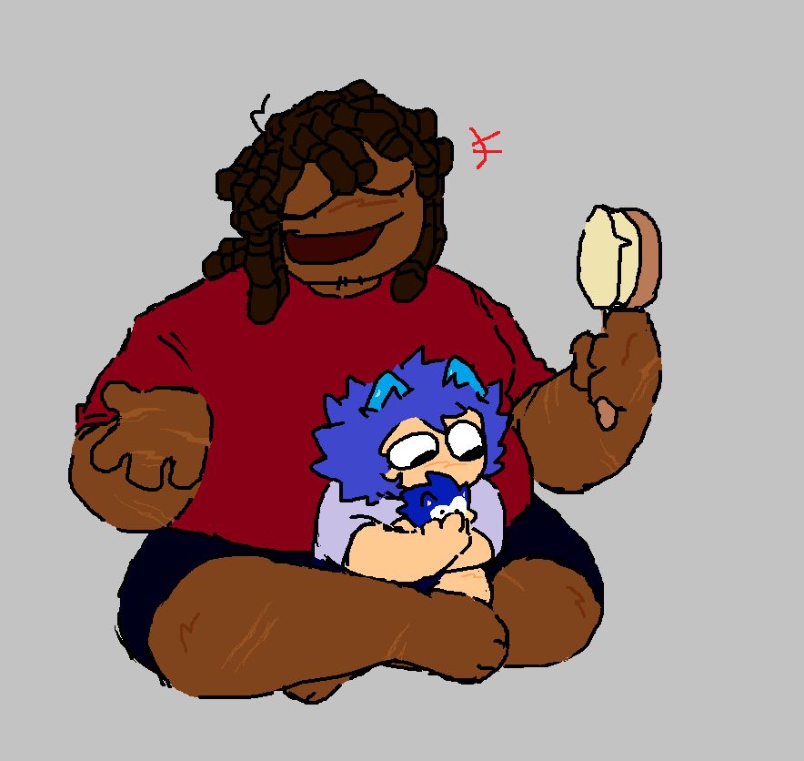 Gijinkas of young Dynambi and Expunged. Dynambi is sitting in their lap holding a Sonic plush, while Expunged is talking/gesturing and holding a hairbrush. Originally posted 10/8/23
