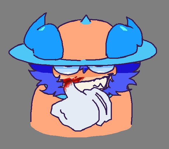 Dynambi smiling while wiping some blood off their face with their thumb. Originally posted 10/23/24