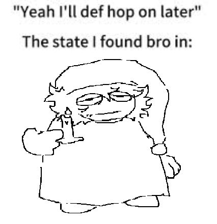 Dynambi drawn in a nightcown and cap holding a candle with the caption:
"Yeah I'll def hop on later"
The state I found bro in:

Originally posted 8/5/24