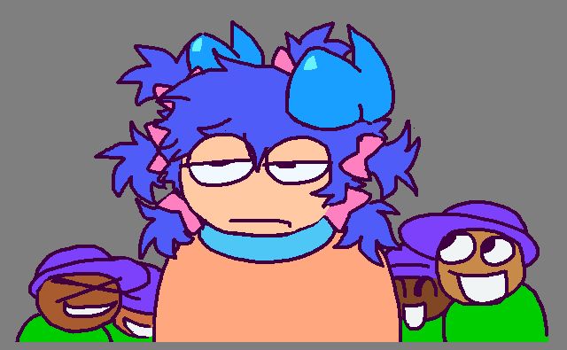 Dynambi with their hair tied into various small ponytails with pink bows by some bambi minions. They look unamused. Originally posted 10/11/24