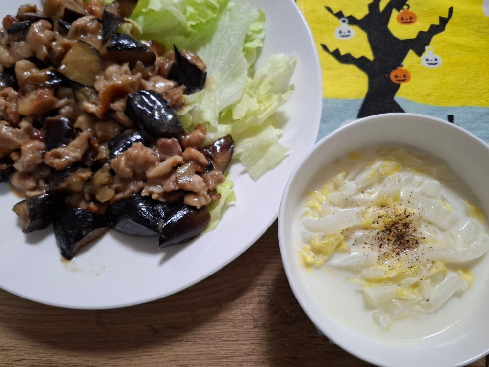 ナスと豚こまはインスタで見かけたフライパンに直入れのレシピ 白菜のスープはあかりさんの味付けは 塩とバターと胡椒のみ