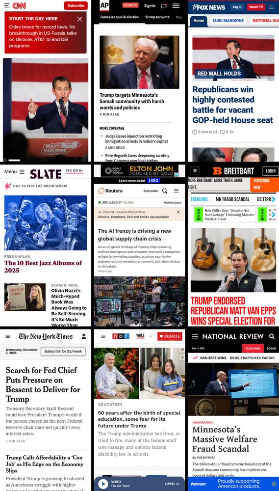 A 3x3 grid of the mobile front pages of CNN, AP News, Fox News, Slate, Reuters, Breitbart, New York Times, NPR, and National Review. The screenshots were taken on December 3rd, 2025, at about 7:30 AM ET.