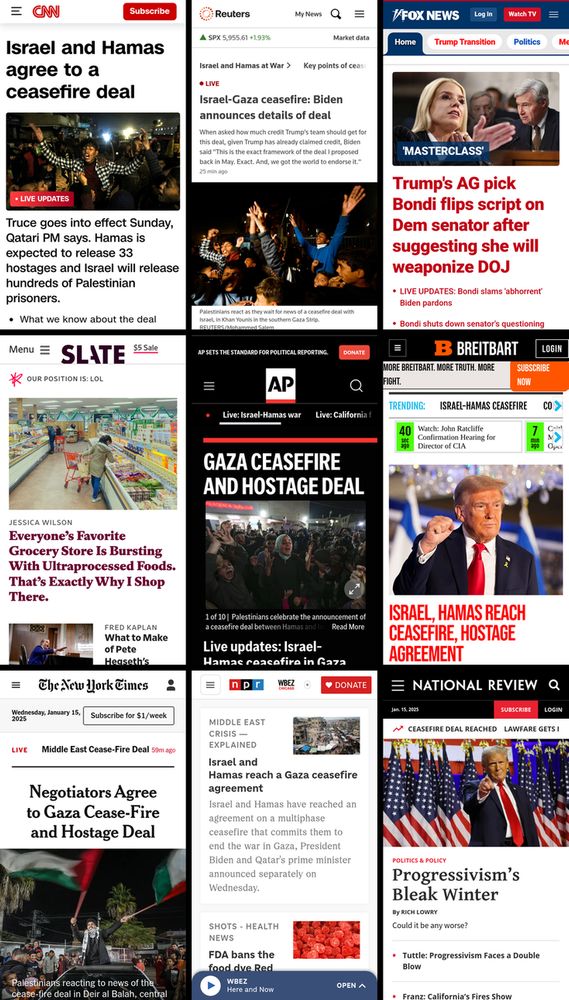 A 3x3 grid of the mobile front pages of CNN, Reuters, Fox News, Slate, AP News, Breitbart, New York Times, NPR, and National Review. The screenshots were taken on January 15th, 2025, at about 3:30 PM ET.