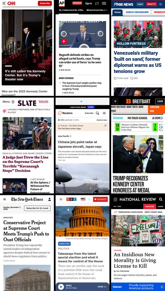 A 3x3 grid of the mobile front pages of CNN, AP News, Fox News, Slate, Reuters, Breitbart, New York Times, NPR, and National Review. The screenshots were taken on December 7th, 2025, at about 7:30 AM ET.