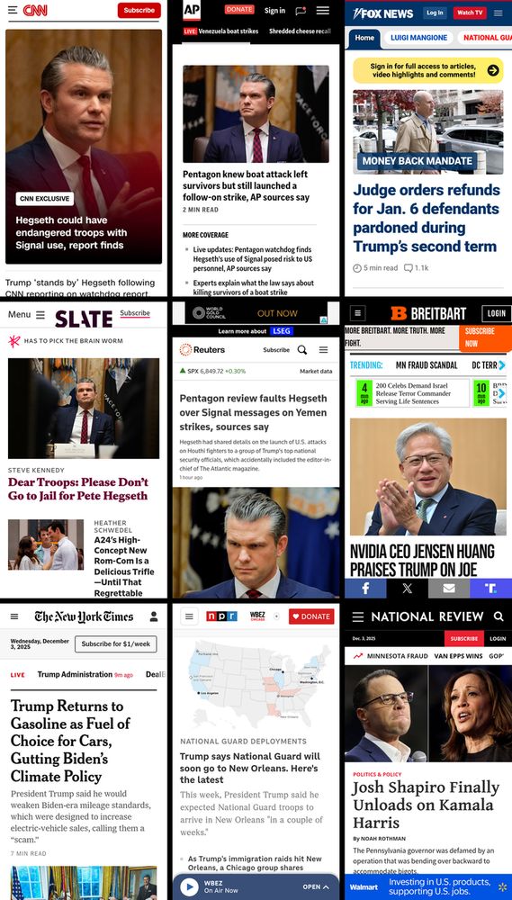 A 3x3 grid of the mobile front pages of CNN, AP News, Fox News, Slate, Reuters, Breitbart, New York Times, NPR, and National Review. The screenshots were taken on December 3rd, 2025, at about 7:30 PM ET.