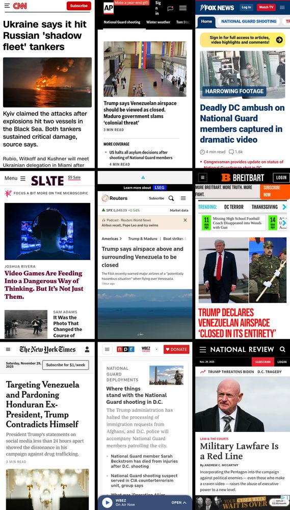 A 3x3 grid of the mobile front pages of CNN, AP News, Fox News, Slate, Reuters, Breitbart, New York Times, NPR, and National Review. The screenshots were taken on November 29th, 2025, at about 3:30 PM ET.