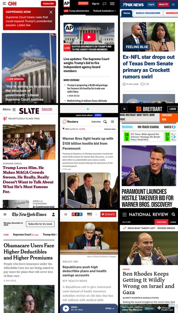 A 3x3 grid of the mobile front pages of CNN, AP News, Fox News, Slate, Reuters, Breitbart, New York Times, NPR, and National Review. The screenshots were taken on December 8th, 2025, at about 11:30 AM ET.