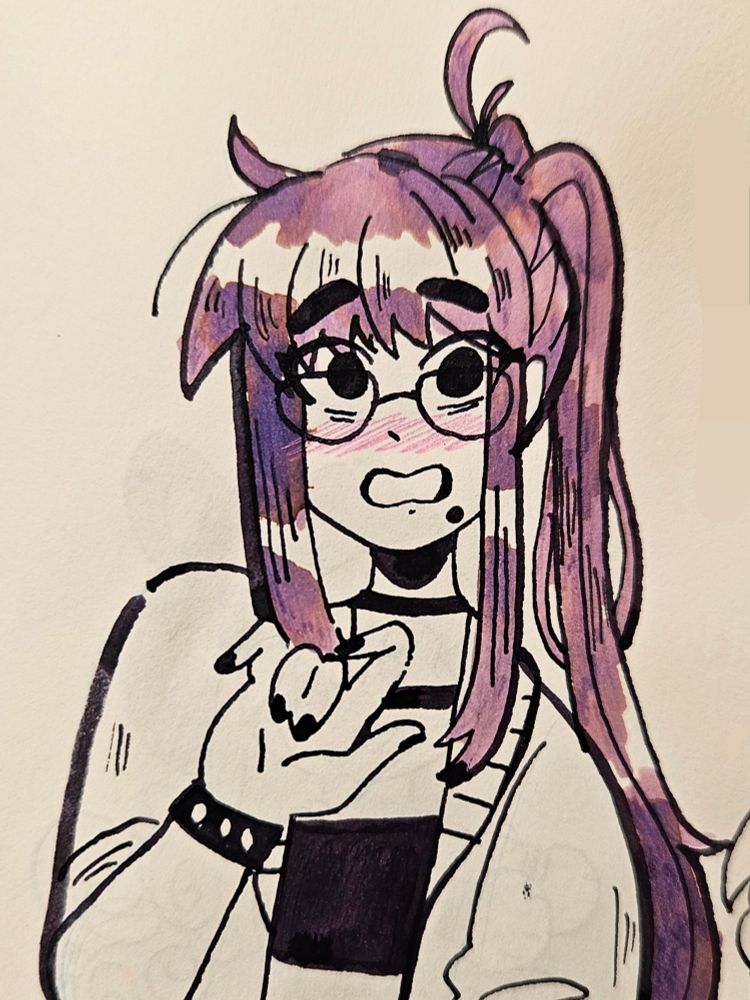 doodle of rdyz oc, jam, looking flustered for some reason (dizzy probably did it). her hair is colored with Troublemaker Golden Orchid ink.