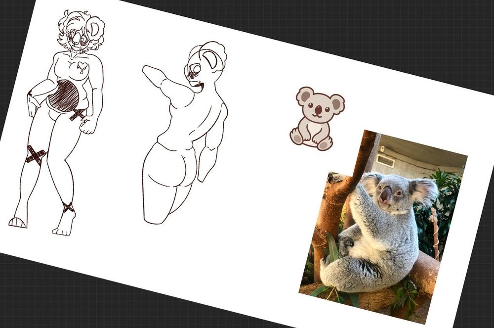 Beginning sketch of an anthropomorphic female koala character, complete with a hollowed stomach, X tattoos, and a bleeding heart tattoo on her upper left breast. 