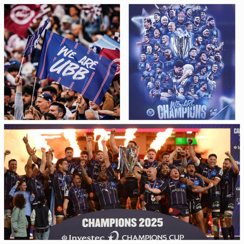 3 photos de la victoire de l'UBB en Champions Cup de Rugby. 
1ere photo : les supporters avec 1 drapeau où il est écrit "We arer UBB" 2eme photo : tous les joueurs staff et président du club
3 ème photo : l'équipe qui lève le trophée de la victoire 