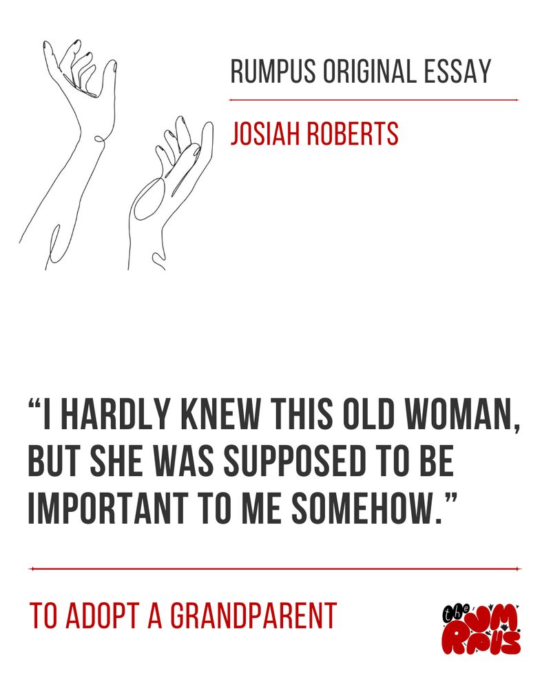 The above quote and information written in black and red against a white background. In the lower righthand corner is the full Rumpus logo in red. In the upper lefthand corner is a linked line drawing of two hands reaching skyward.