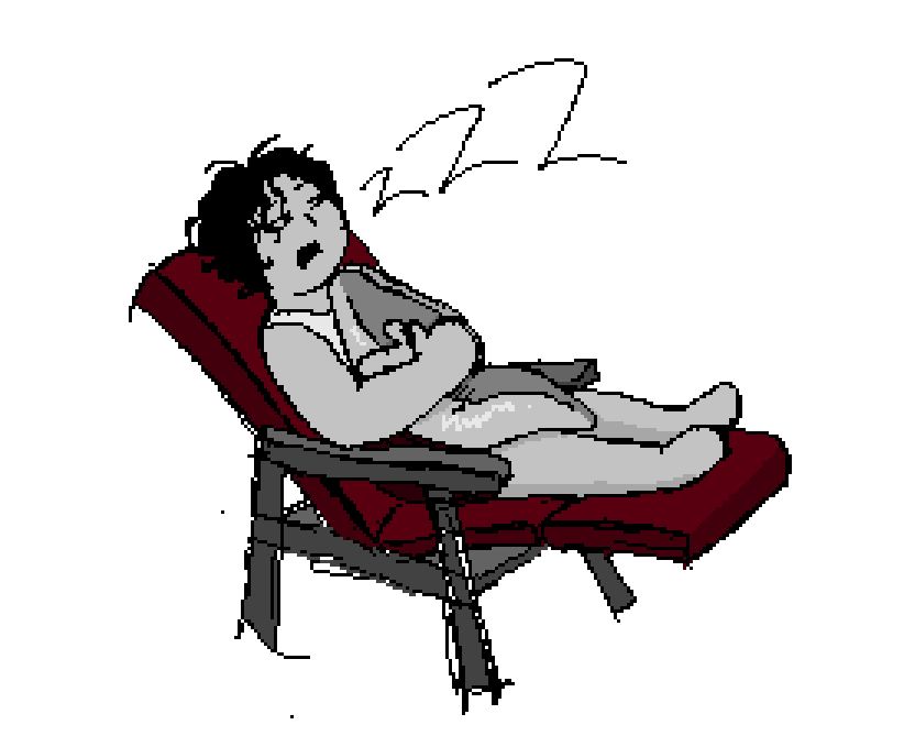 Small doodle of Hedrik from False Fruit sleeping on a reclining chair while holding a large mouth