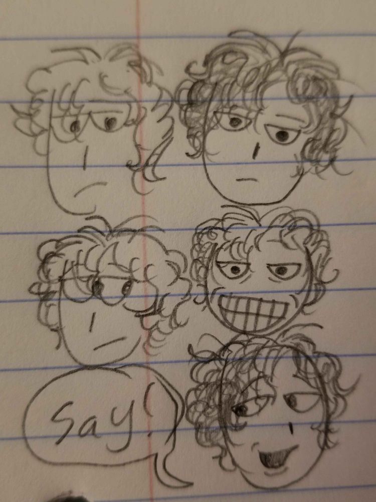 5 rough headshot sketches of Hedrik from false fruit. The first 3 look bored, the 4th is grinning maniacally, and the last one is smiling pleasantly while saying "Say!".