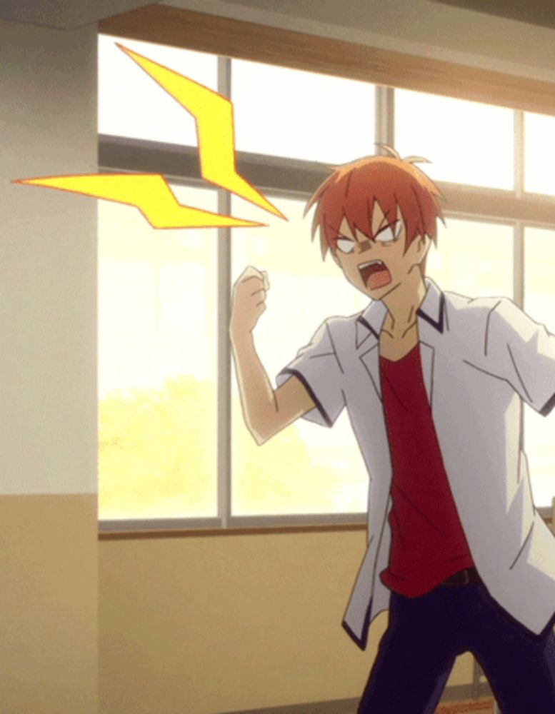 a boy with red hair is standing in front of a window with a yellow lightning bolt above his head